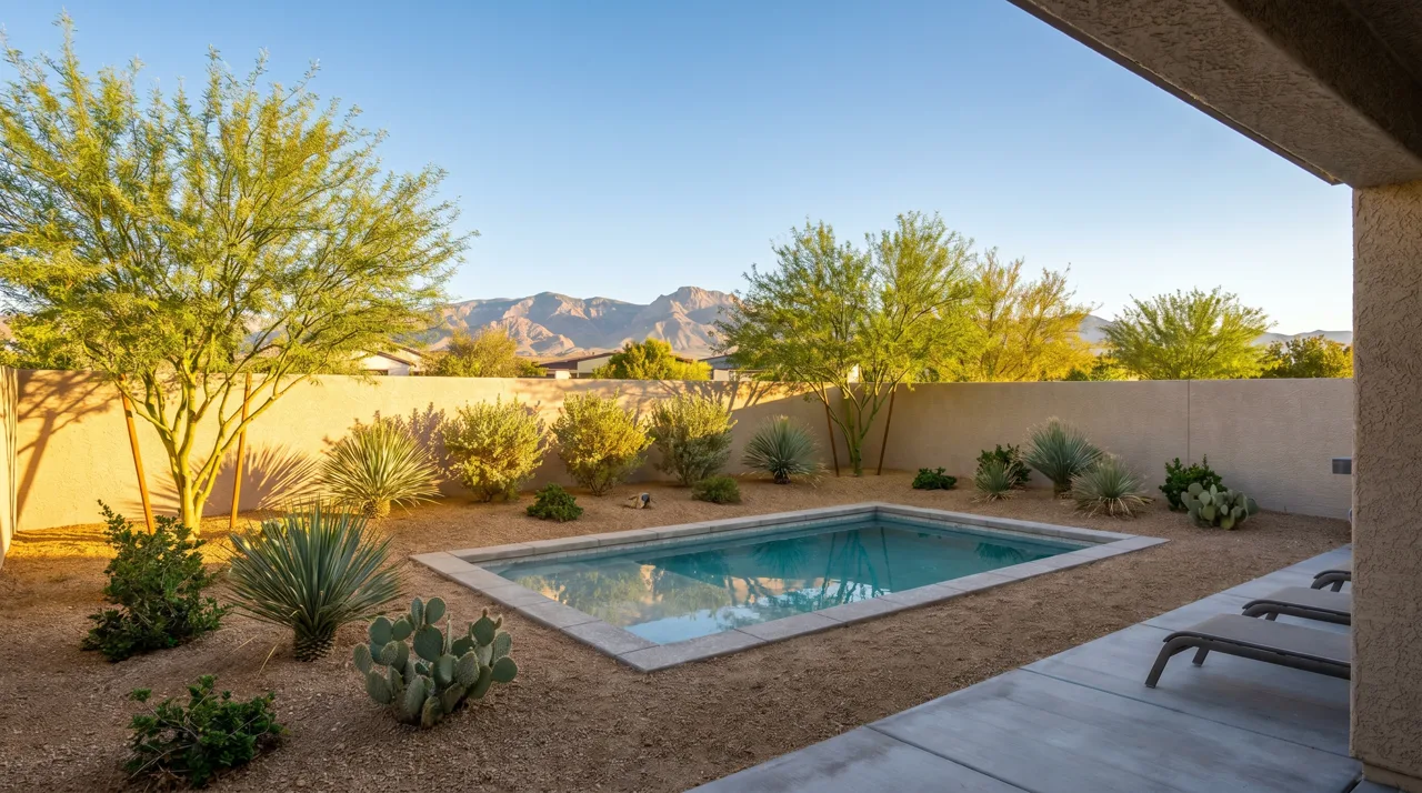 A Las Vegas backyard with desert landscaping and a small pool with the Spring Mountains visible in the distance