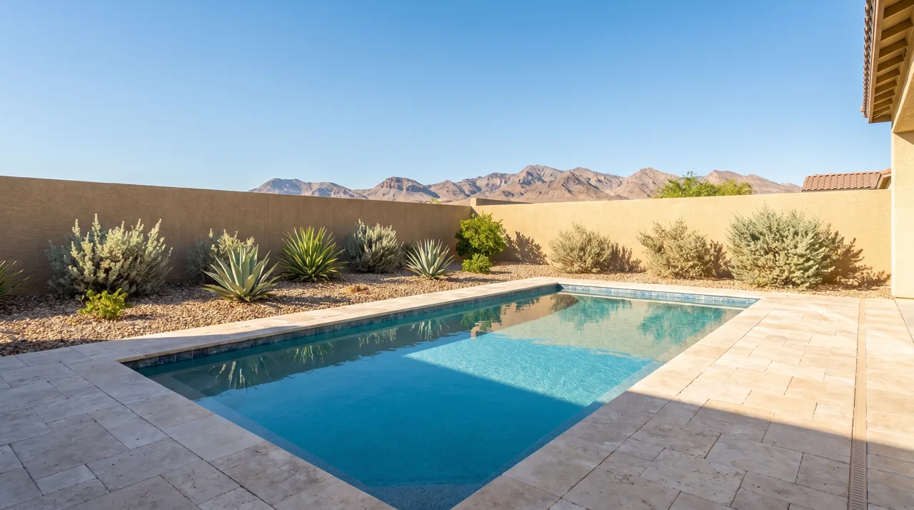 Backyard pool at a Las Vegas home with desert landscaping and mountain views