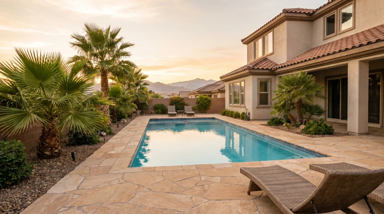 Backyard swimming pool at a Las Vegas home with desert mountains in the background and palm trees around the patio