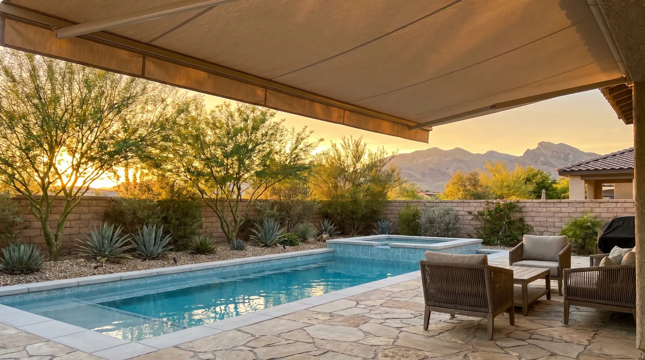 Las Vegas residential backyard with in-ground pool, covered patio, and desert landscaping at golden hour