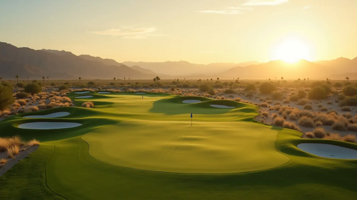 Las Vegas desert golf course fairway with flag at sunrise