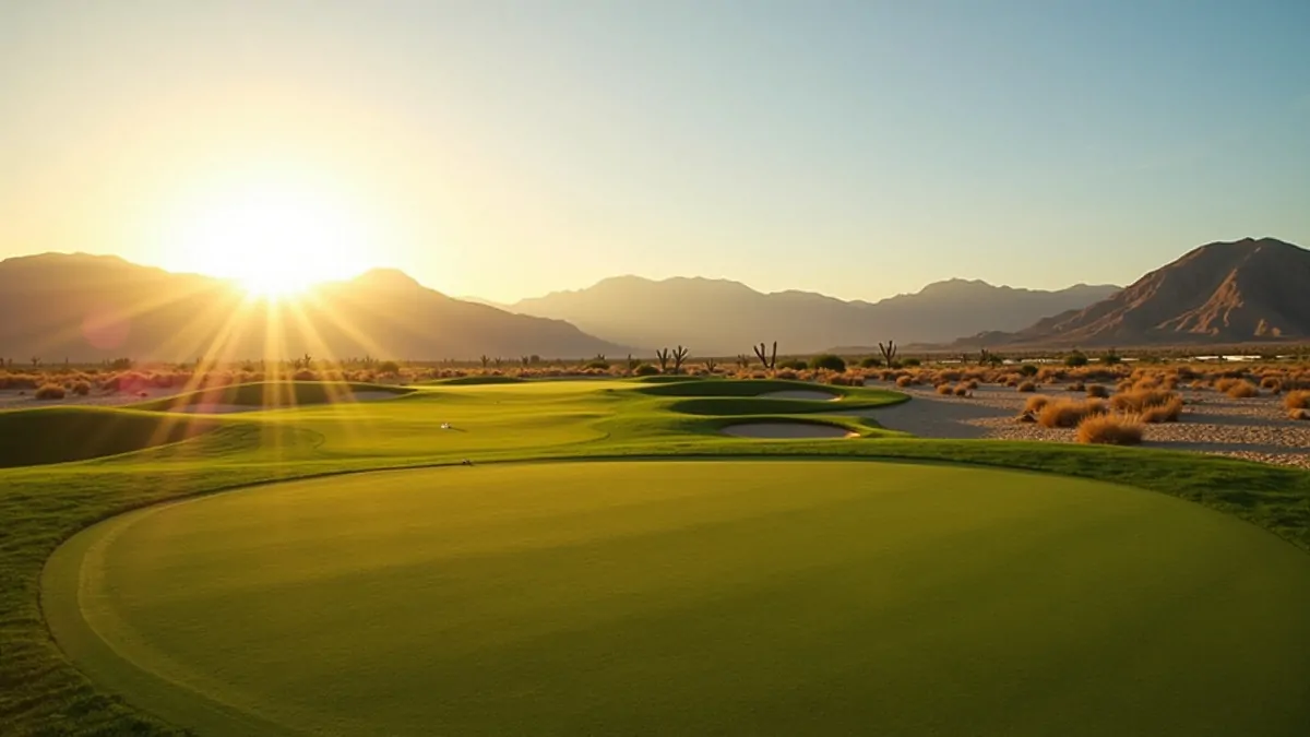 Las Vegas desert golf course at sunrise with empty fairway and green flag