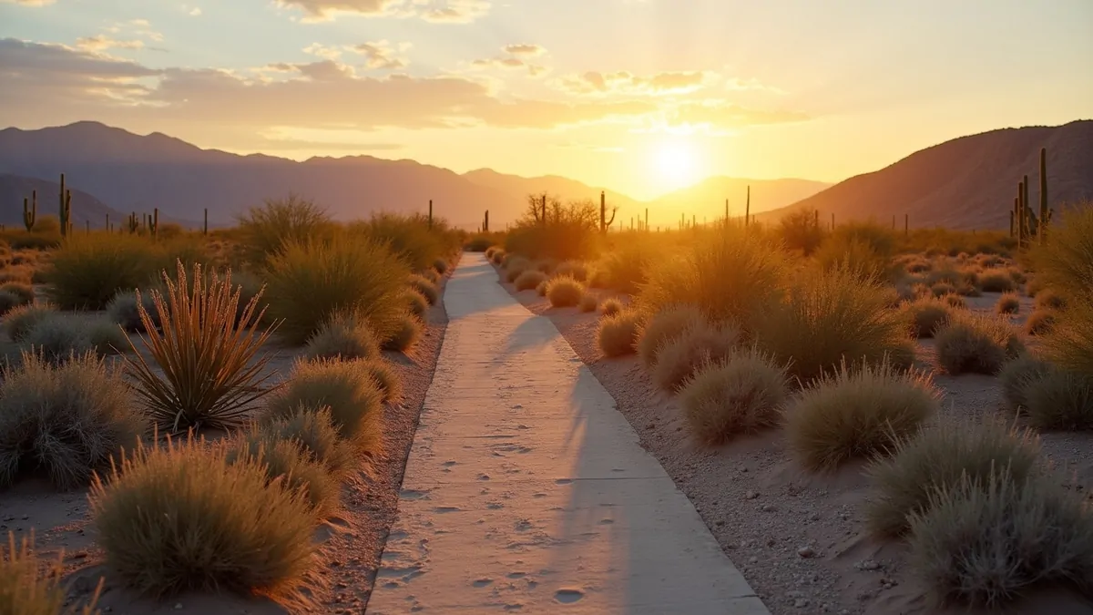 Las Vegas desert park landscape at sunrise with a simple walking trail.