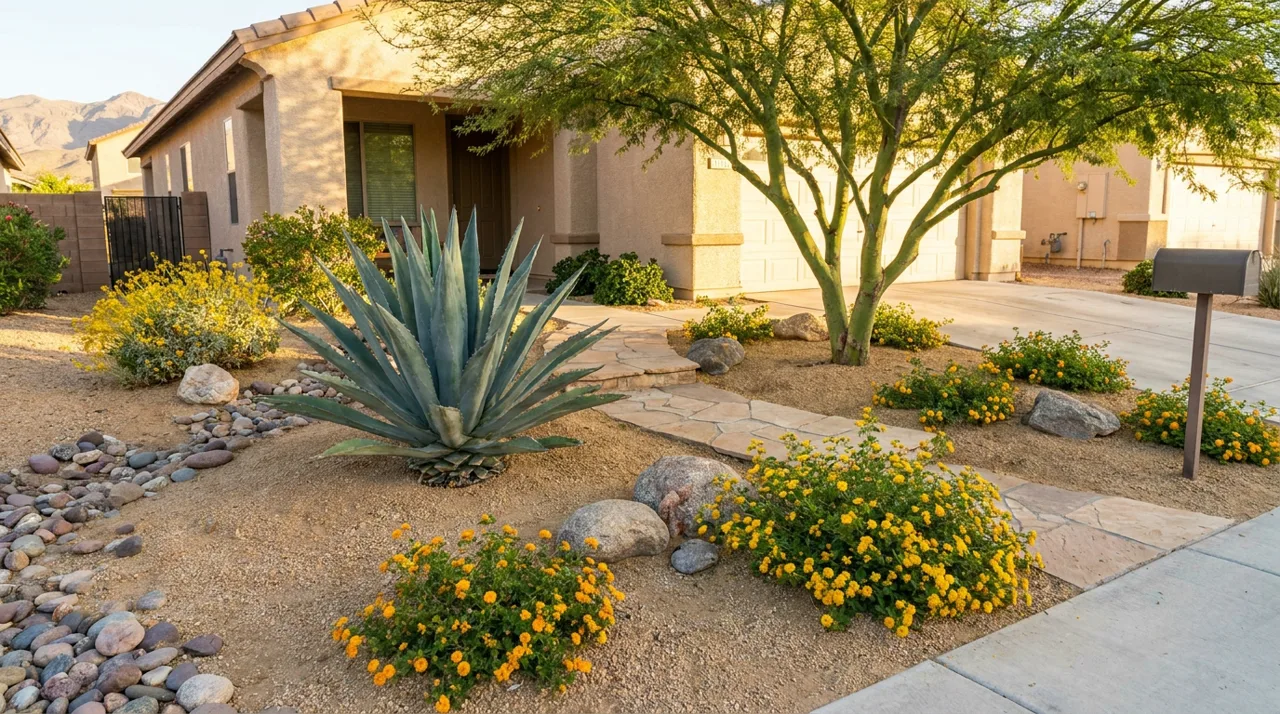 Las Vegas front yard with desert landscaping featuring decomposed granite, drought-tolerant plants, and a single agave near the entry