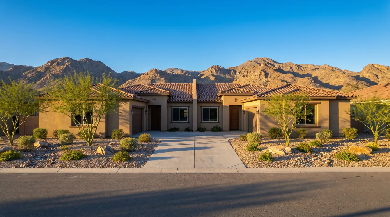 Exterior of a two-unit residential duplex in a Las Vegas neighborhood with desert landscaping and mountains in the background