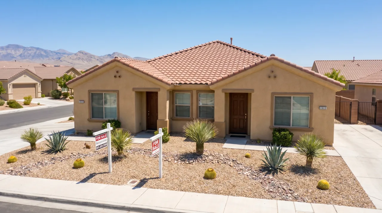 Single-story duplex rental property with a real estate for-sale sign in the front yard in a Las Vegas suburban neighborhood