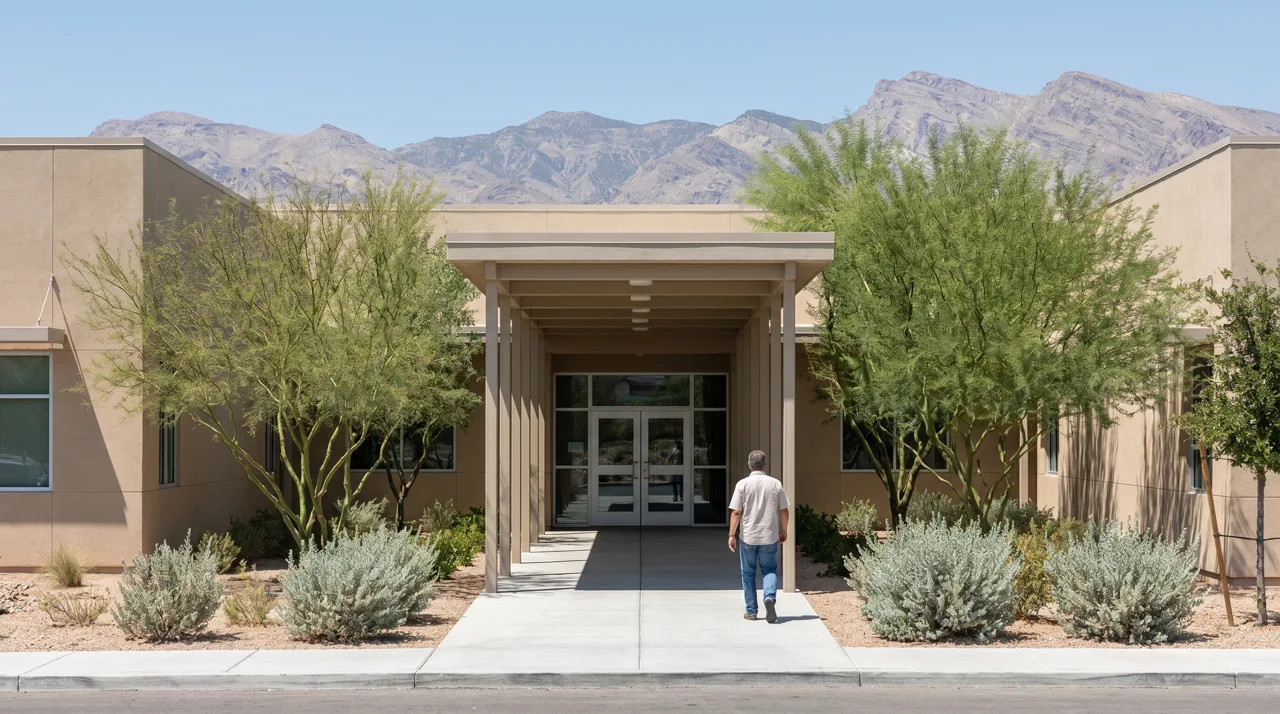 Modern single-story elementary school building in a Las Vegas suburb with a person walking outside