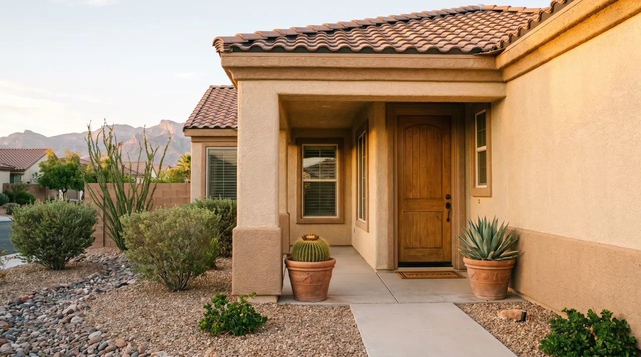 Front porch of a Las Vegas single-story family home with desert landscaping in the front yard and the Spring Mountains in the background