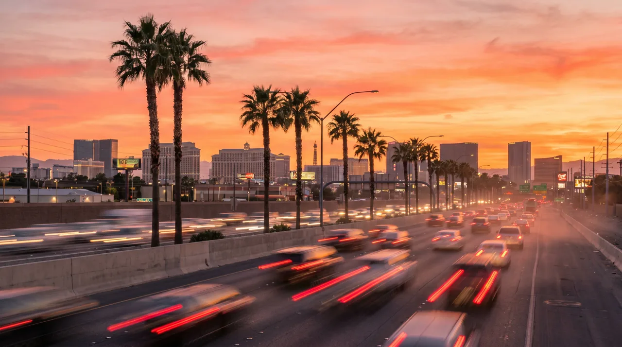 Busy Las Vegas freeway with traffic at sunset, palm trees on the shoulder and city skyline in the distance
