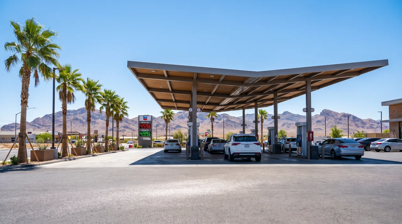 Cars filling up at a Las Vegas gas station with palm trees and desert mountains in the background