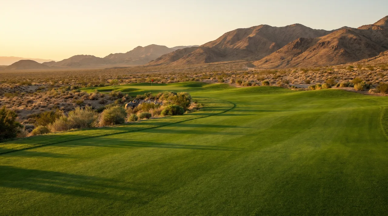 Wide view of a Las Vegas desert golf course fairway at sunrise with a single pin flag and mountains beyond