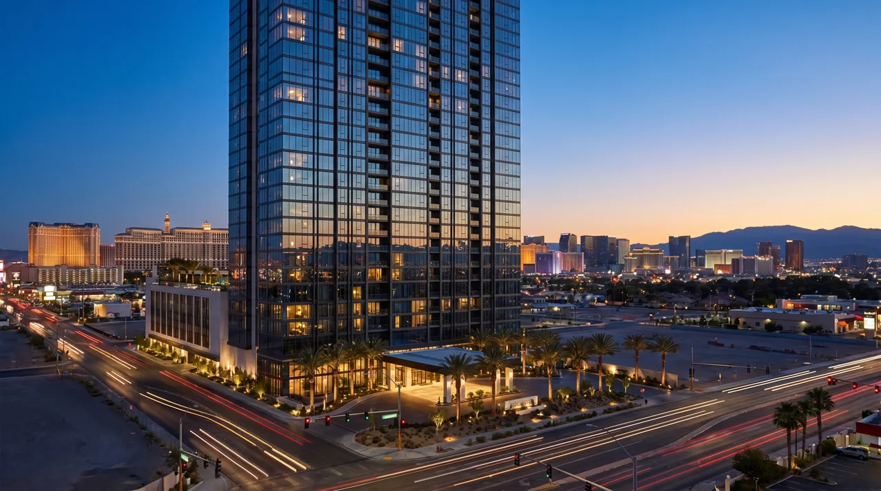 Modern Las Vegas high-rise condo tower at dusk with city lights and Strip skyline in the distance