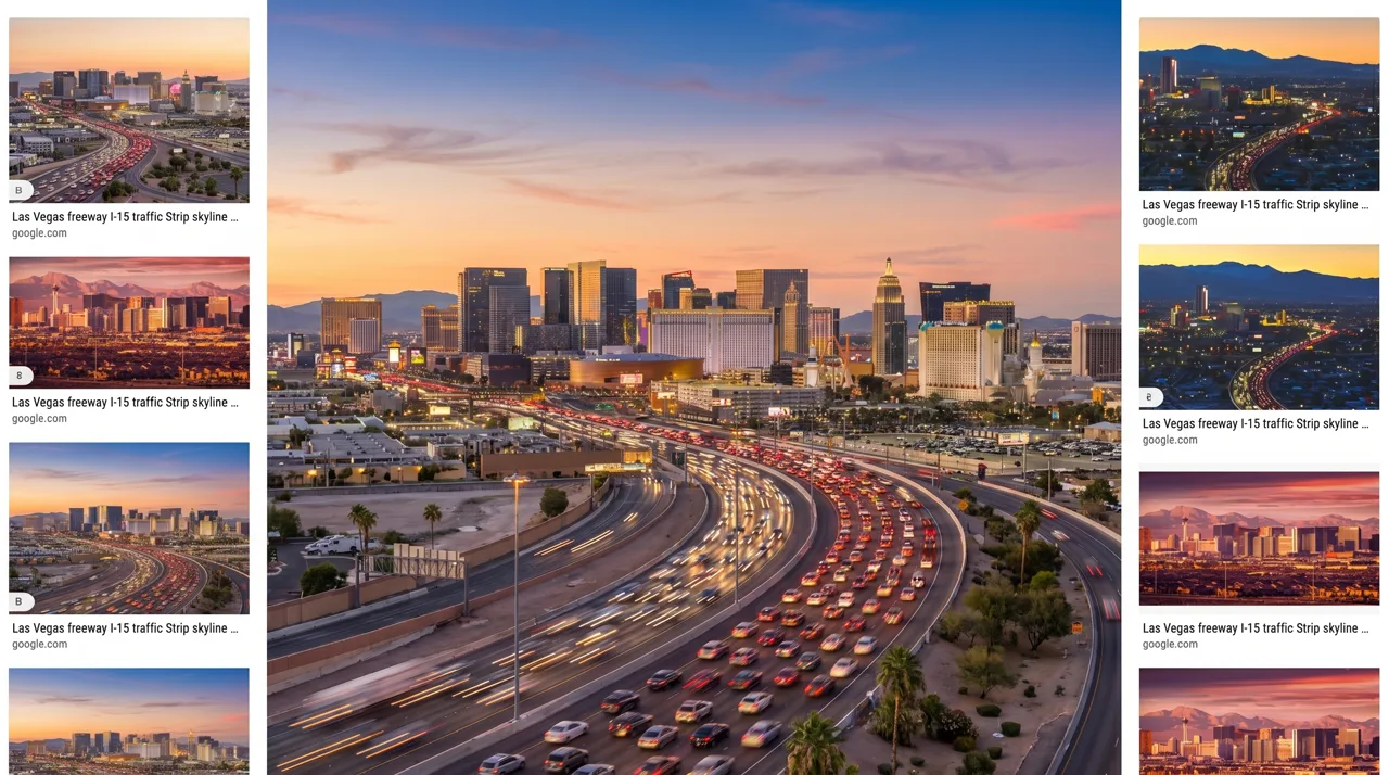 Cars driving on a Las Vegas freeway at sunset with the Strip skyline in the background