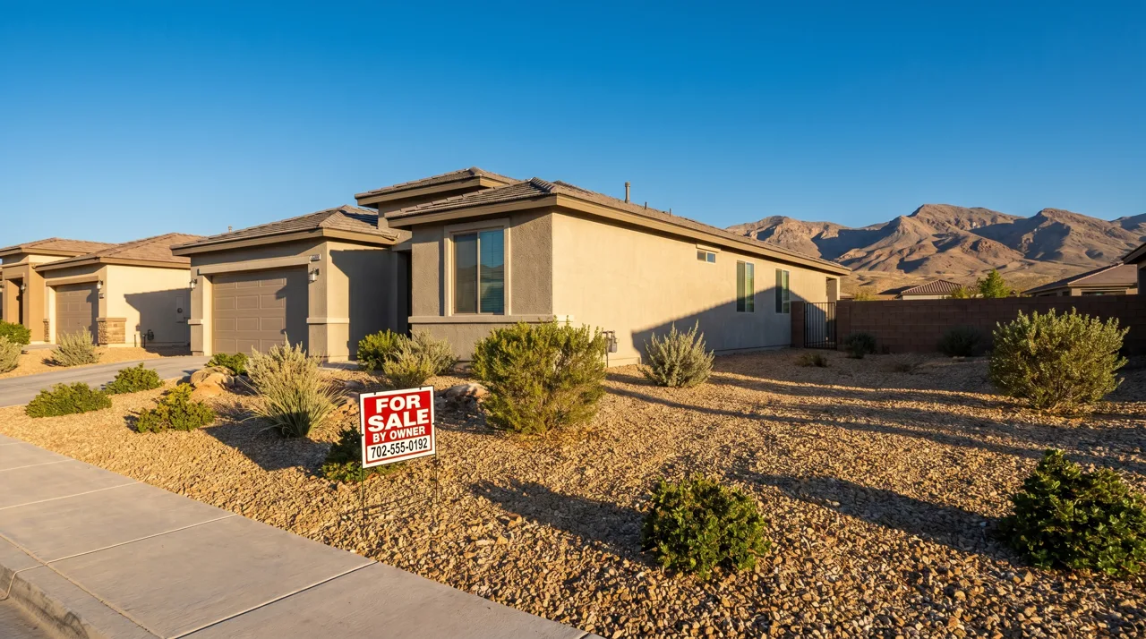 For sale sign in front of a Las Vegas single-family home with desert landscaping and mountain backdrop