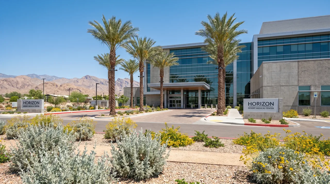 Exterior view of a modern multi-story Las Vegas hospital building with palm trees and a desert sky