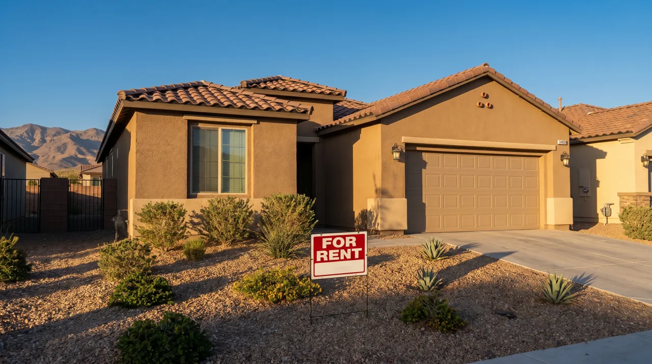 Single-family investment rental home with a for-rent sign in a Las Vegas suburban neighborhood