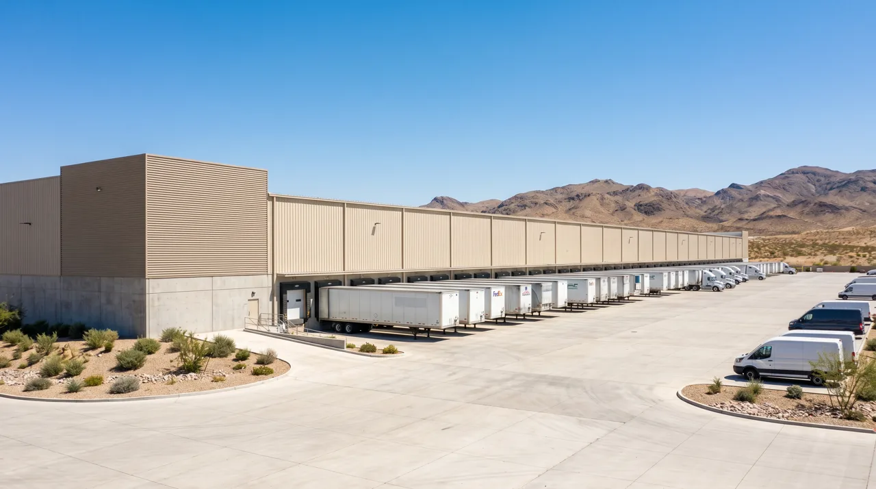 Modern logistics warehouse exterior with loading docks and trucks