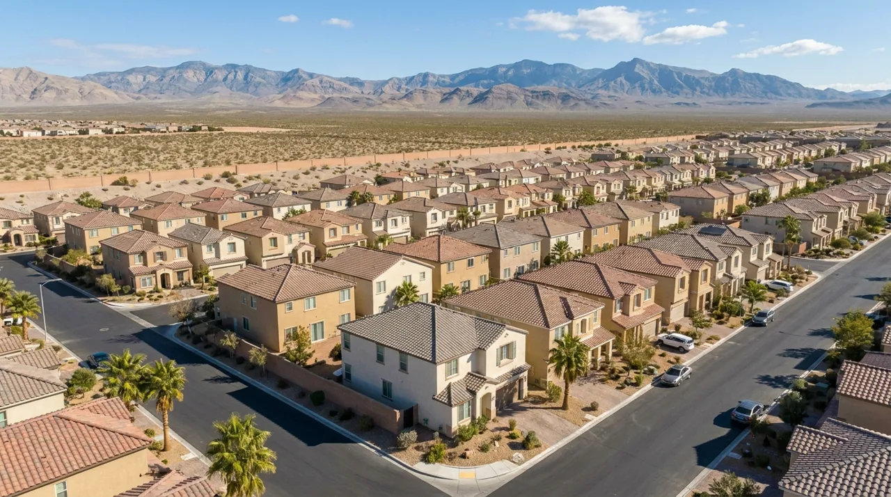 Aerial view of a Las Vegas master-planned community with neat rows of stucco homes and desert mountains in the background