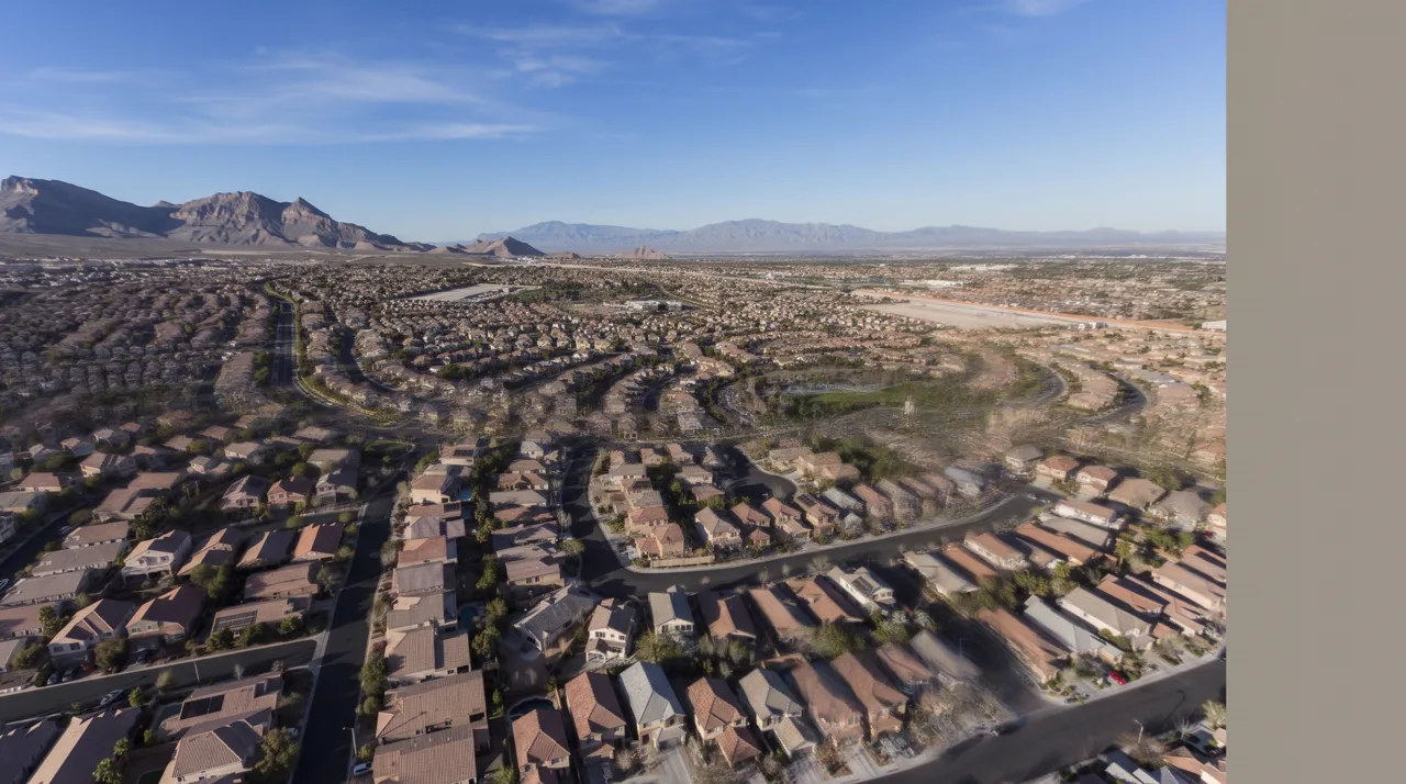 Aerial view of a Las Vegas master-planned suburban community with curving streets against the desert