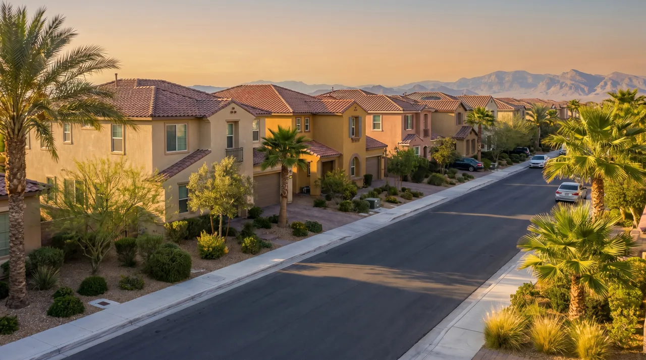 Row of single-family stucco homes with palm trees and red tile roofs in a Las Vegas master-planned community