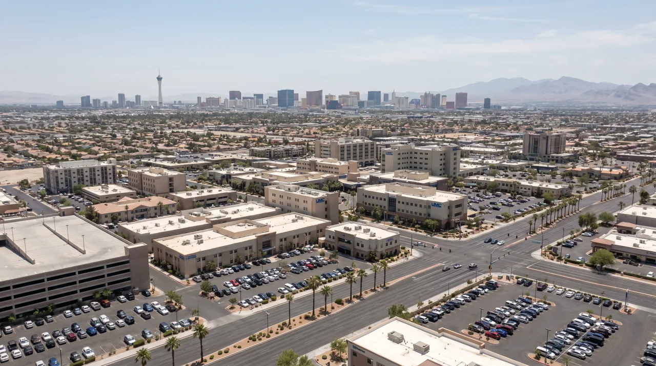 Aerial view of the Las Vegas Medical District near Shadow Lane showing UMC and UNLV medical facilities
