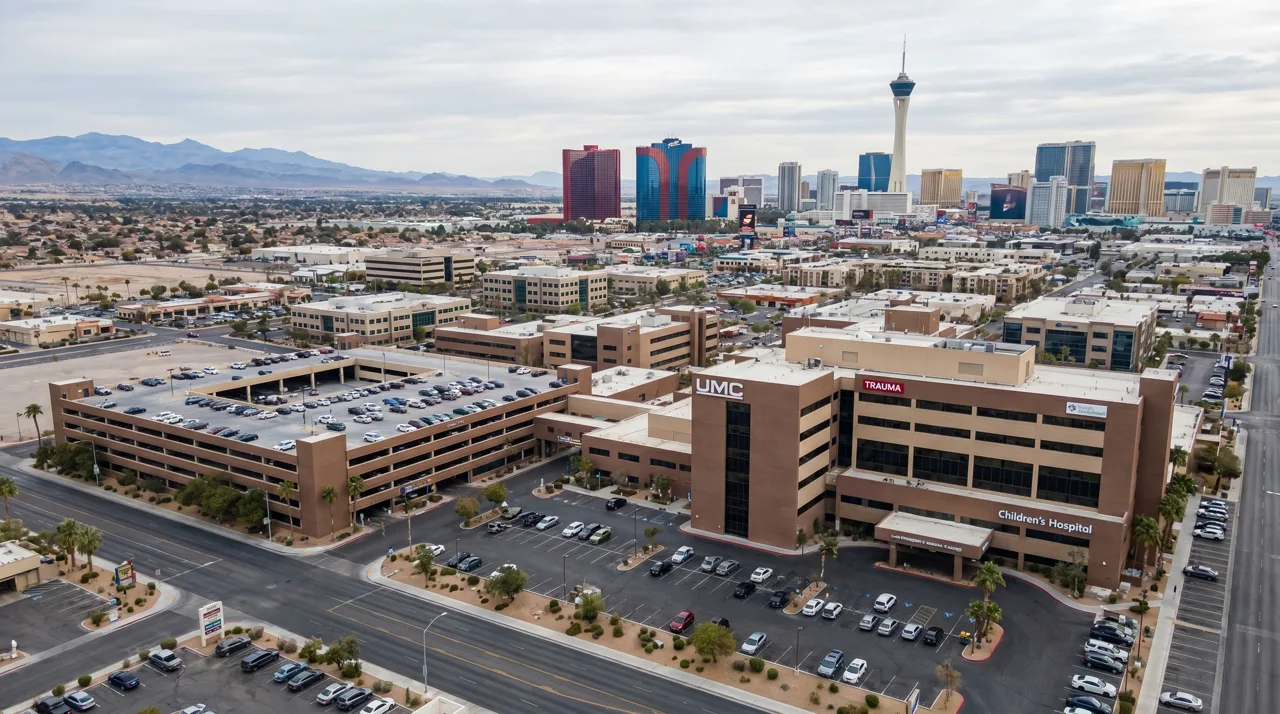 Aerial view of the Las Vegas Medical District near downtown showing the UMC hospital campus