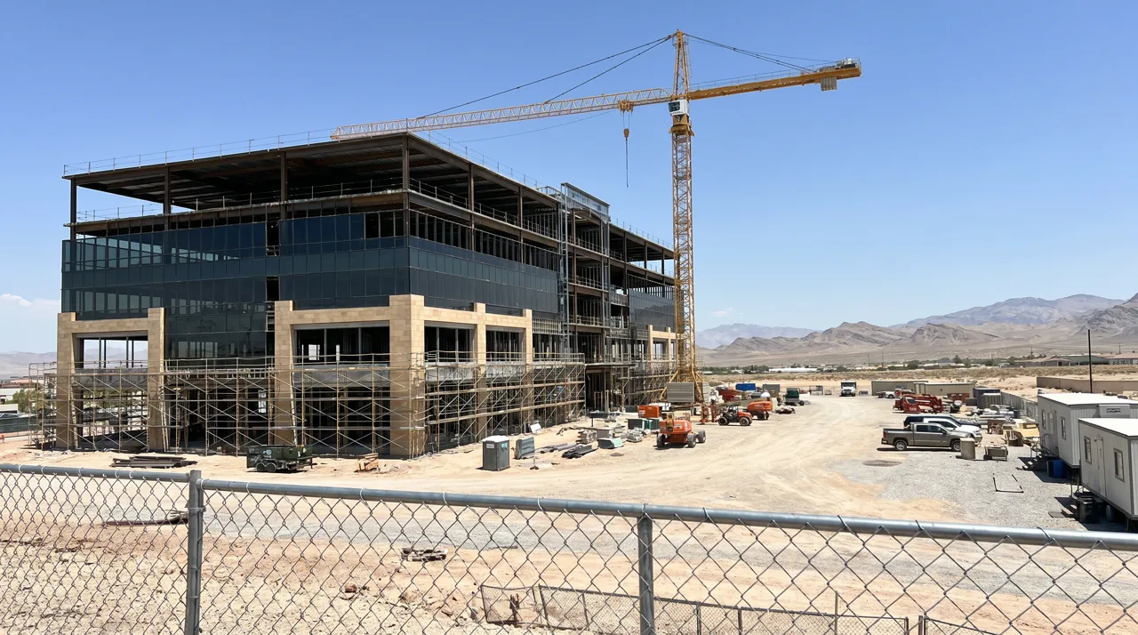 A new medical office building under construction in Las Vegas with cranes and scaffolding