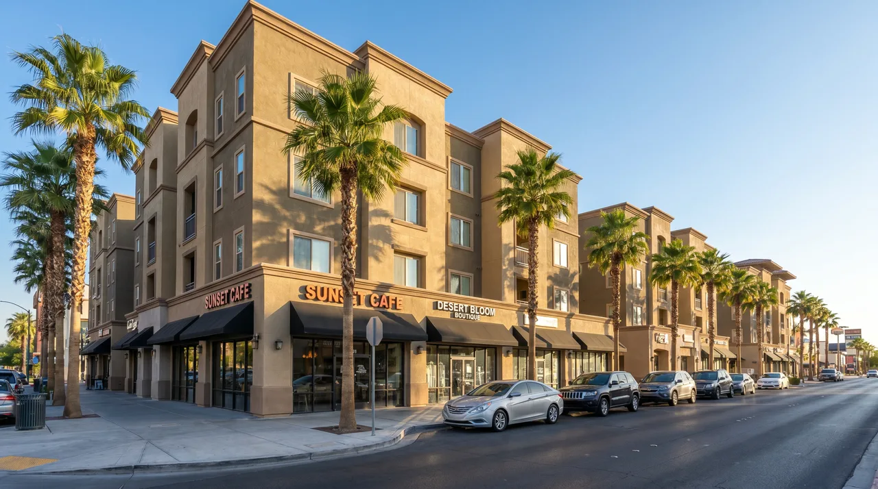 Row of modern mid-rise apartment buildings in a Las Vegas mixed-use neighborhood with palm trees lining the street