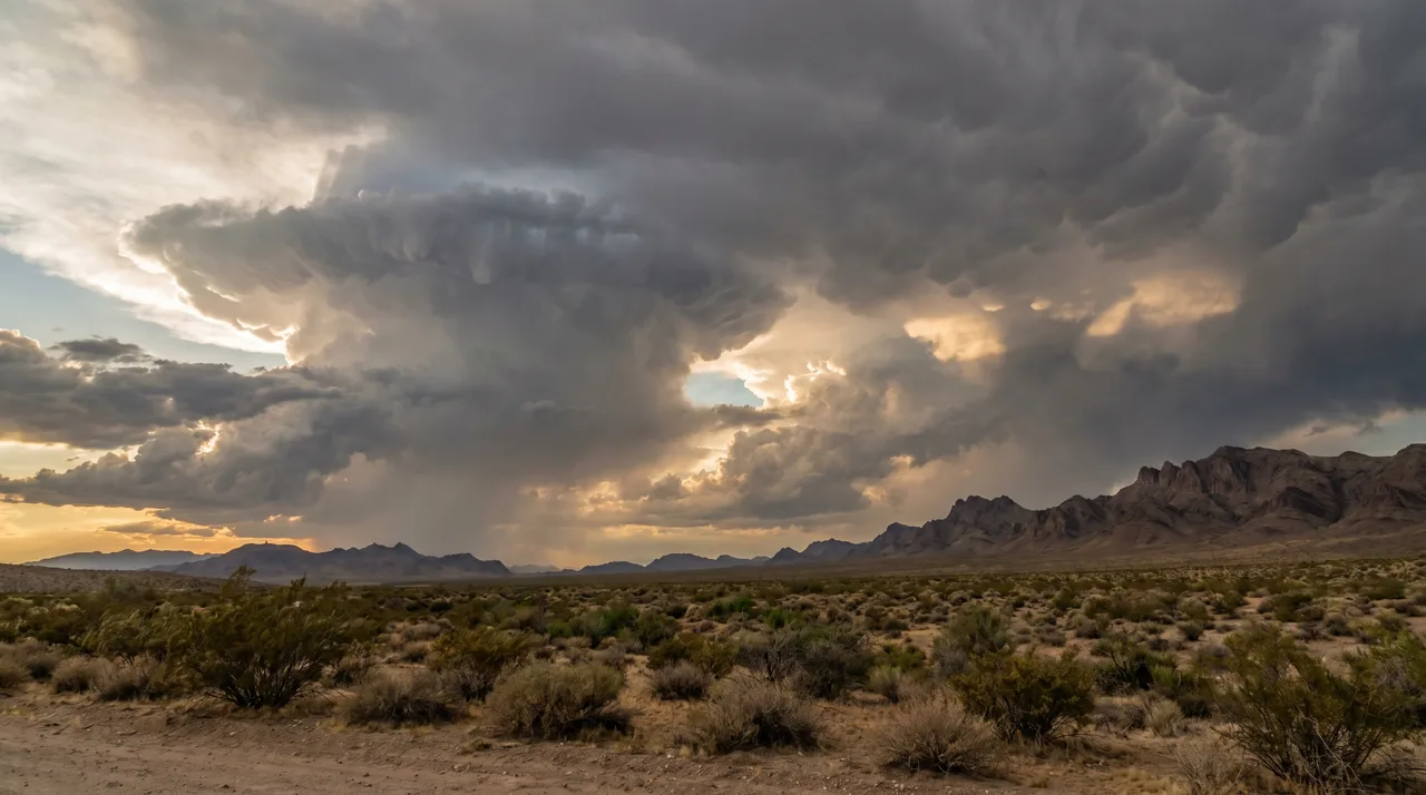 Dramatic monsoon thunderstorm clouds building over the Las Vegas Valley with desert mountains on the horizon