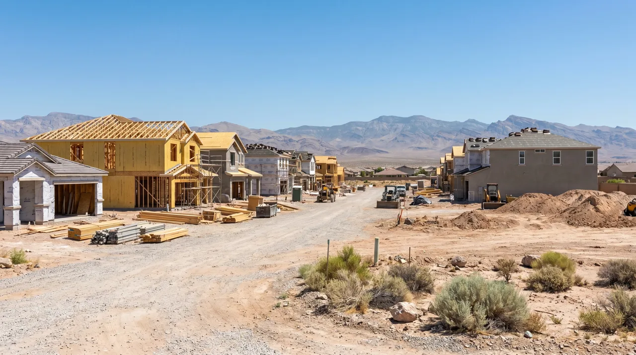 Row of new-construction homes with framing and roof trusses visible in a Las Vegas desert subdivision