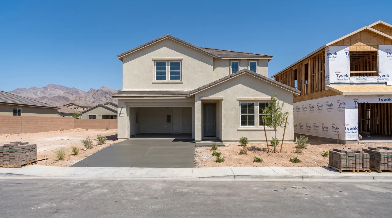 New construction Las Vegas home with exposed framing, desert landscaping in progress, and mountains in the background