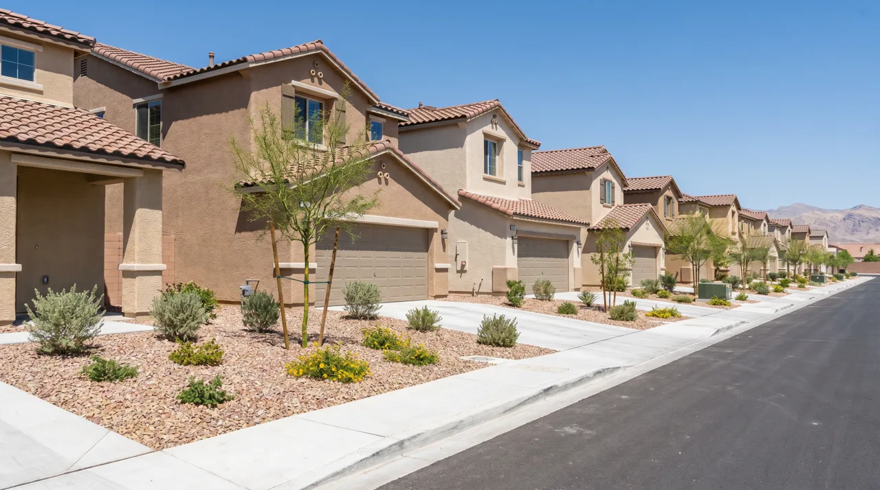 Row of new-construction single-family stucco homes in a Las Vegas suburb with desert landscaping