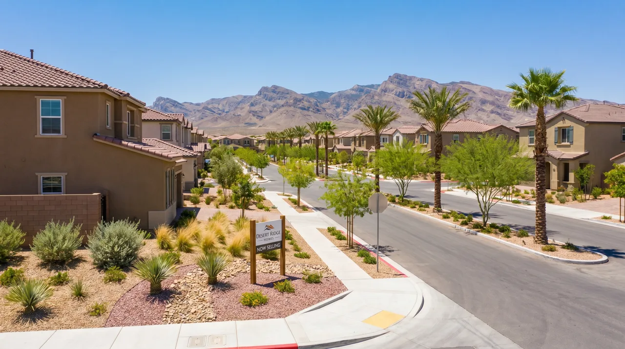 New Las Vegas master-planned community of red-tile-roof homes with desert landscaping and the Spring Mountains in the background