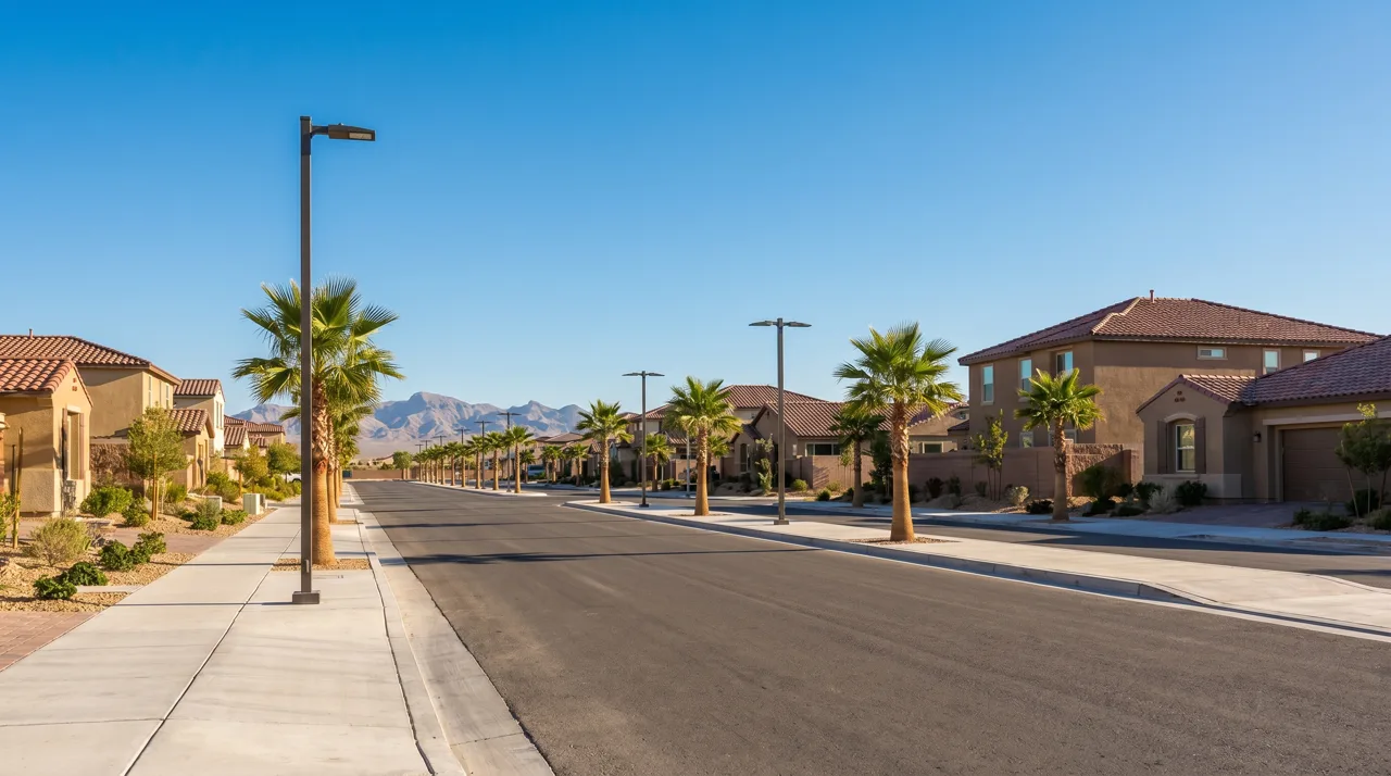 Wide street view of a new Las Vegas neighborhood with sidewalks, streetlights, and palm trees