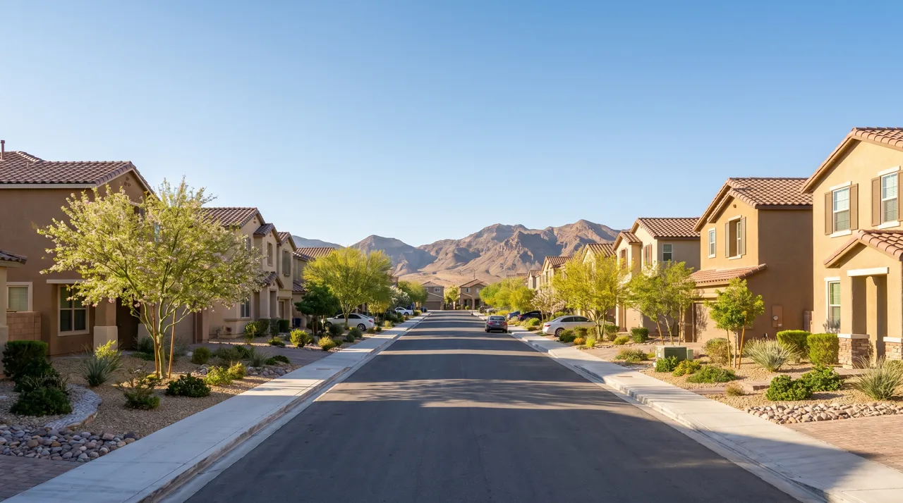 Las Vegas residential street lined with modern stucco homes and desert mountains in the background