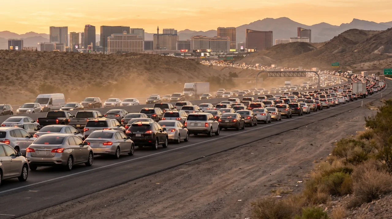 Bumper-to-bumper rush hour traffic on a multi-lane Las Vegas freeway with the city skyline in the distance