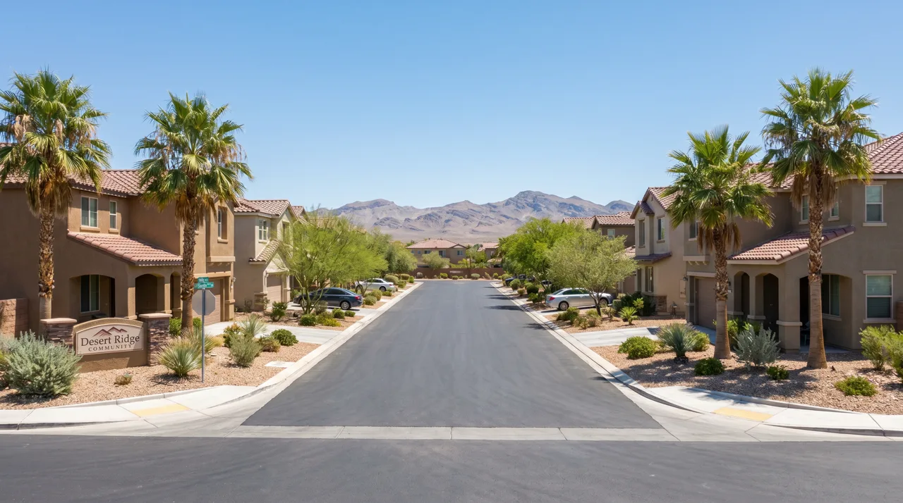 A residential street in a Las Vegas master-planned community with single-family stucco homes and fan palms lining the sidewalk