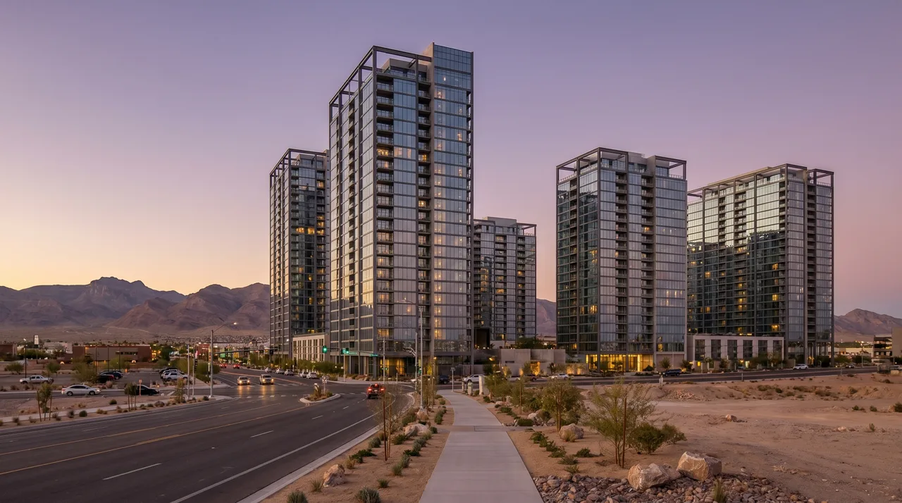 Aerial view of the Las Vegas Strip at dusk with high-rise towers lining Las Vegas Boulevard