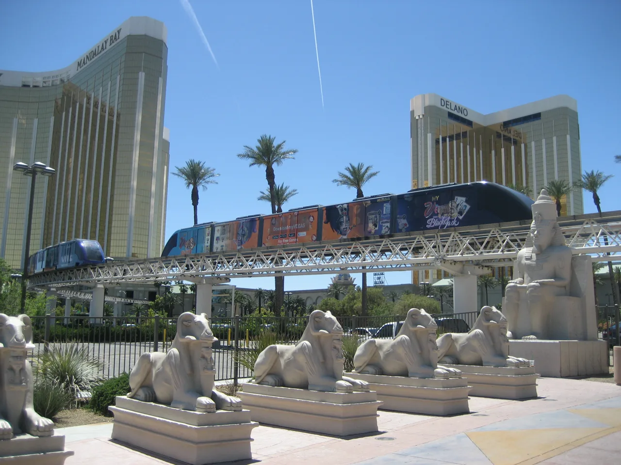 Free casino tram traveling on an elevated track between two Las Vegas Strip resort properties