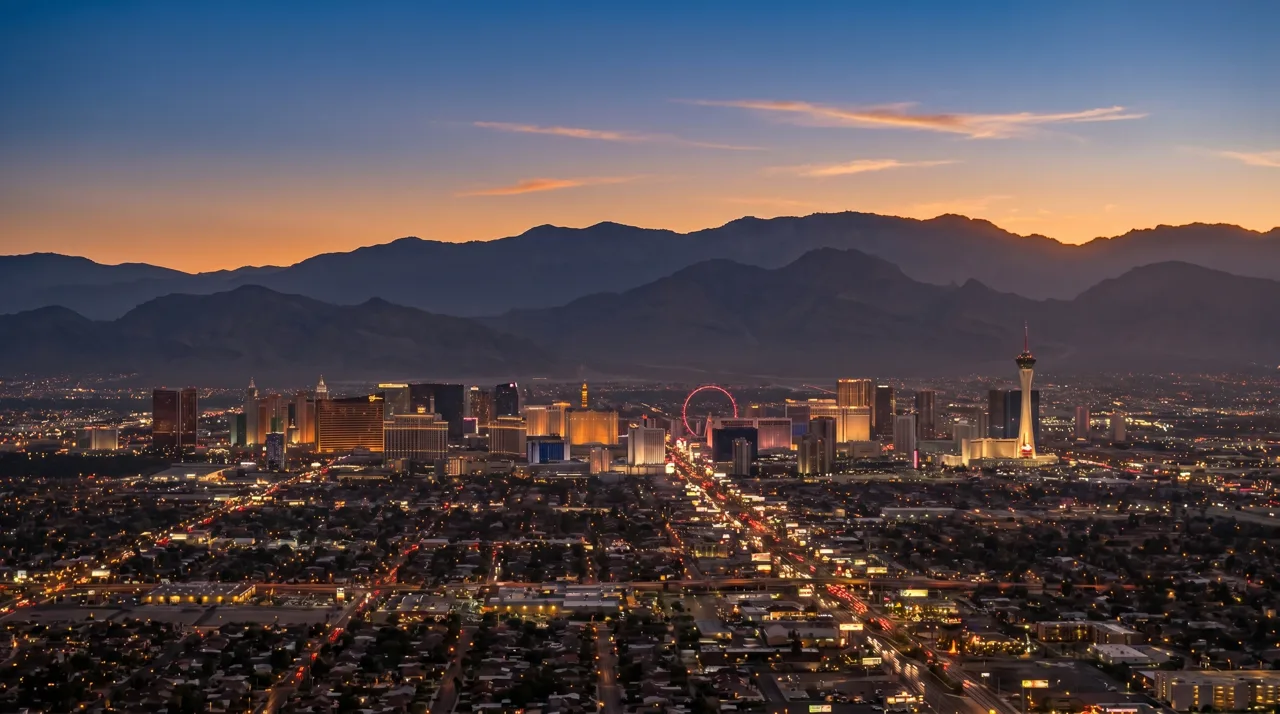 Aerial view of the Las Vegas Strip at dusk with the Spring Mountains in the background