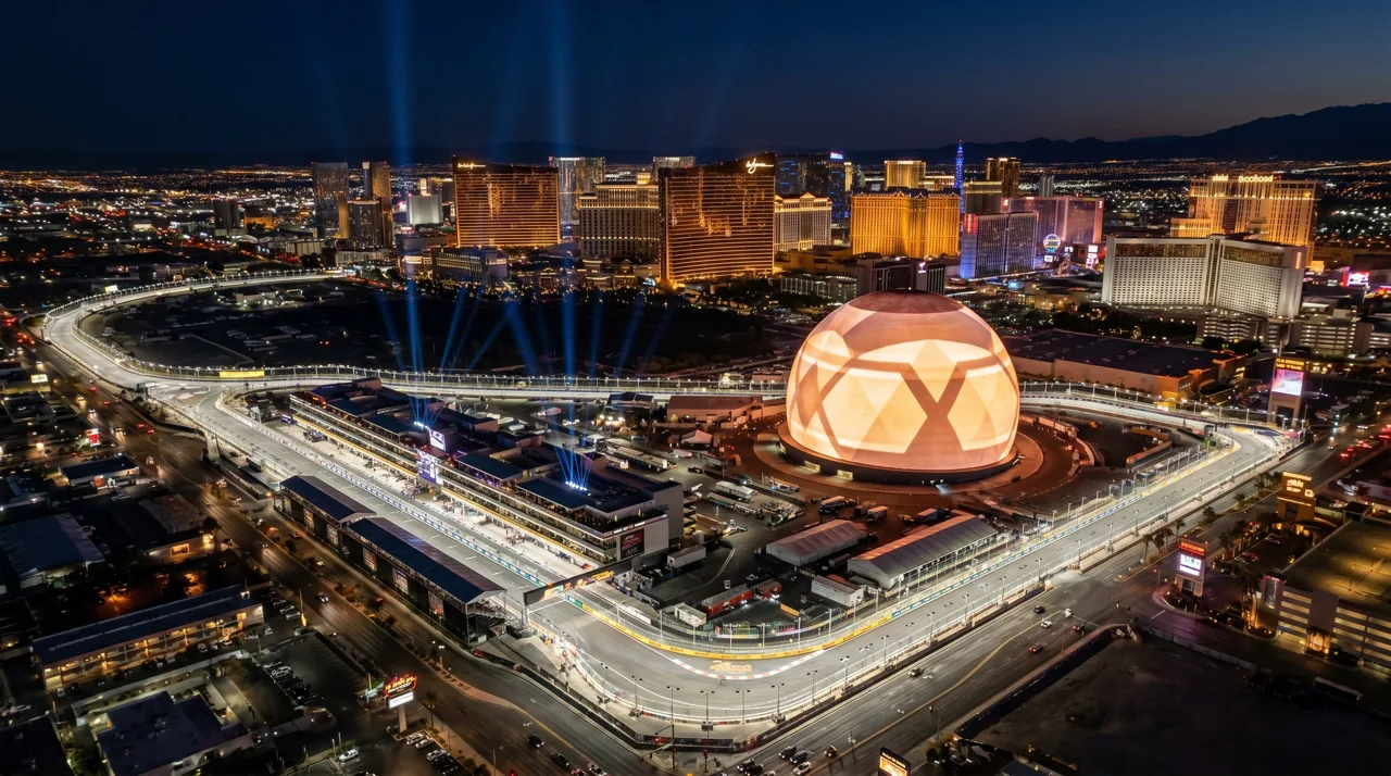 Wide view of the Las Vegas Strip and Resort Corridor with the Sphere and F1 circuit landmarks visible