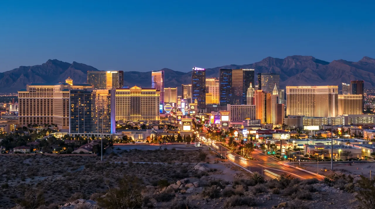 Las Vegas Strip skyline at dusk with desert mountains in the background