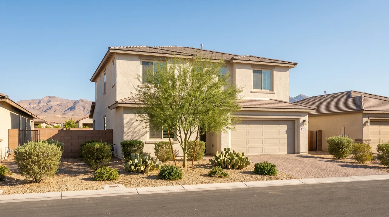 Single-family stucco home with desert landscaping in a Las Vegas suburban neighborhood