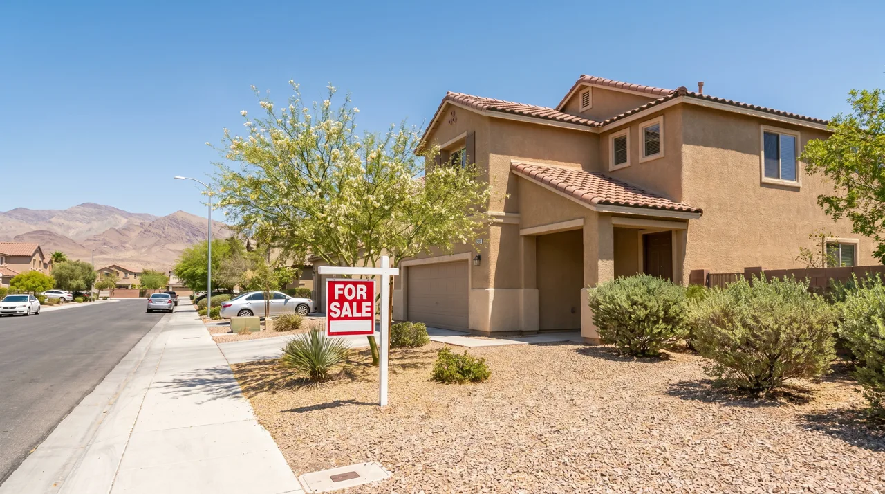 Las Vegas suburban home with a 'For Sale' sign in the front yard