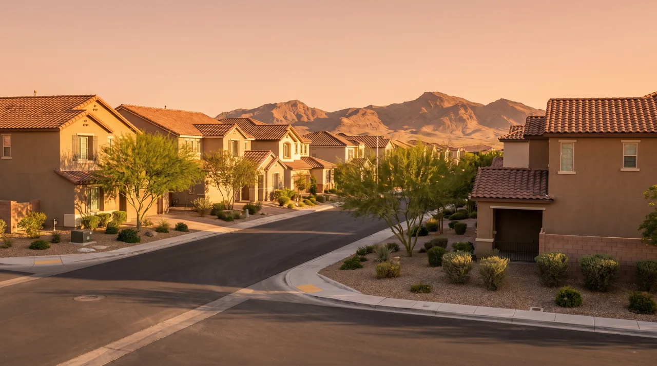 Las Vegas suburban neighborhood at golden hour with mountain backdrop