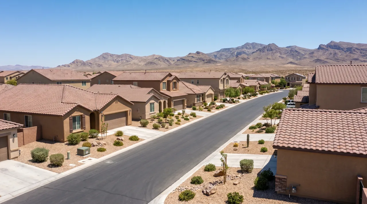 Las Vegas valley suburban neighborhood with rows of single-family homes and desert mountains in the distance