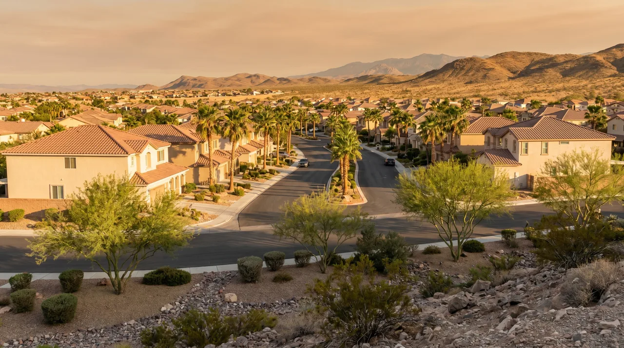A Las Vegas suburban neighborhood with red tile rooftops and palm trees against a mountain backdrop in golden afternoon light