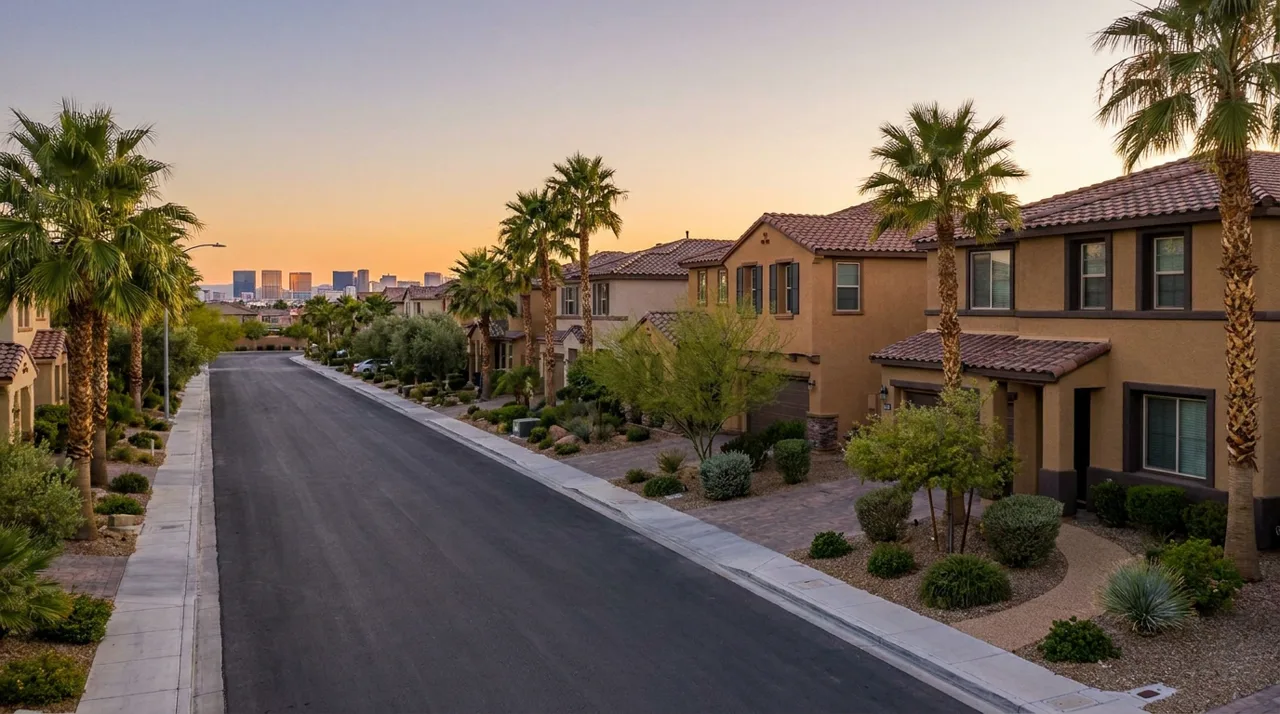 Las Vegas suburban neighborhood at sunset with modern homes, palm trees, and the city skyline in the distance
