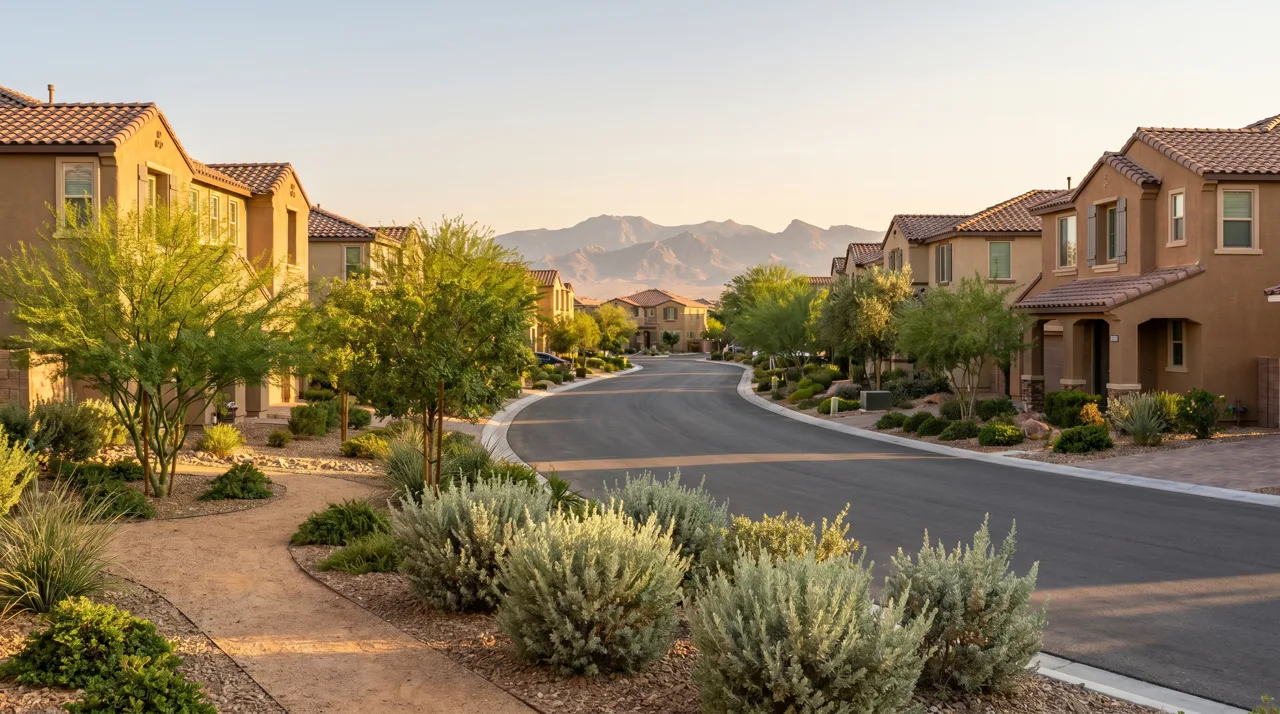 Suburban Las Vegas residential street with manicured xeriscape landscaping and desert mountains in the distance