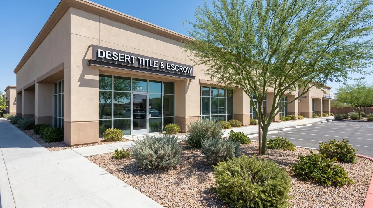 Las Vegas title and escrow company office storefront with desert landscaping out front